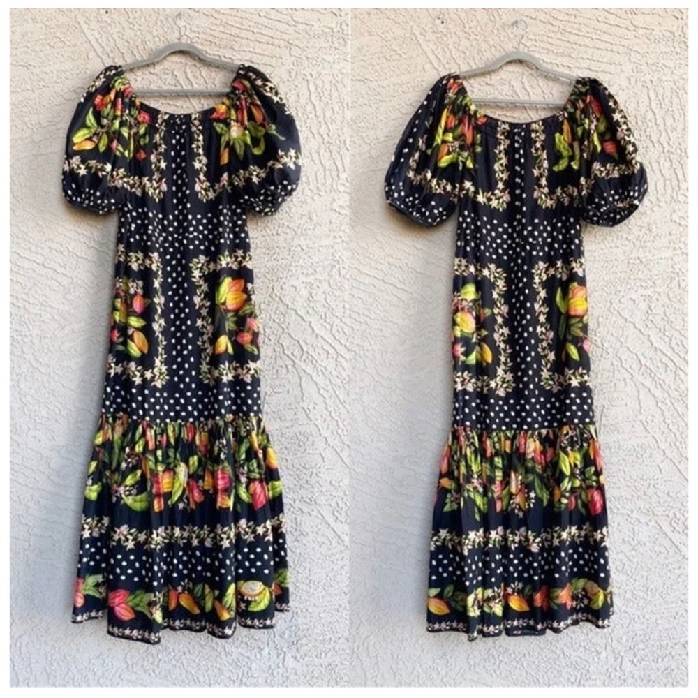 FARM RIO ANTHROPOLOGIE Multicolor Tropical Fruit Printed Puff Sleeve Maxi Dress - Picture 2 of 3
